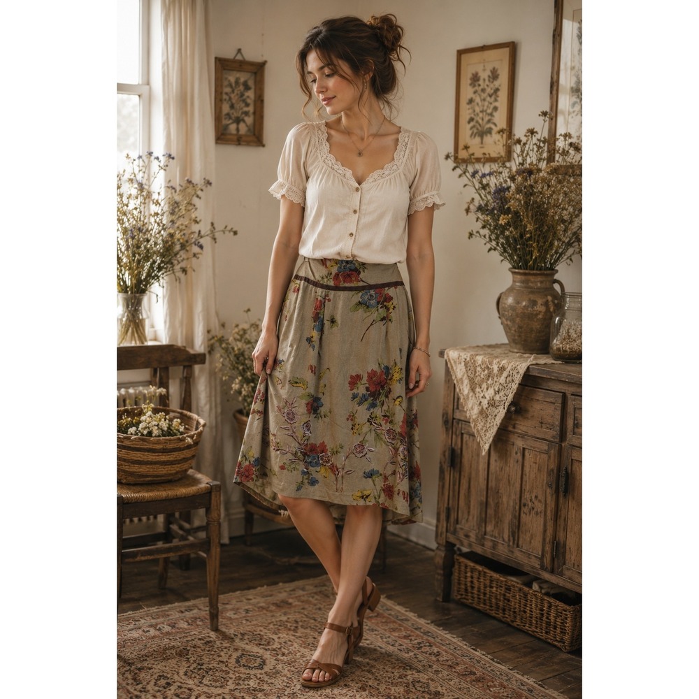 Boho Cottagecore‎ Brown Floral Garden Embroidered CAbi Turnberry Maggie 6 Skirt